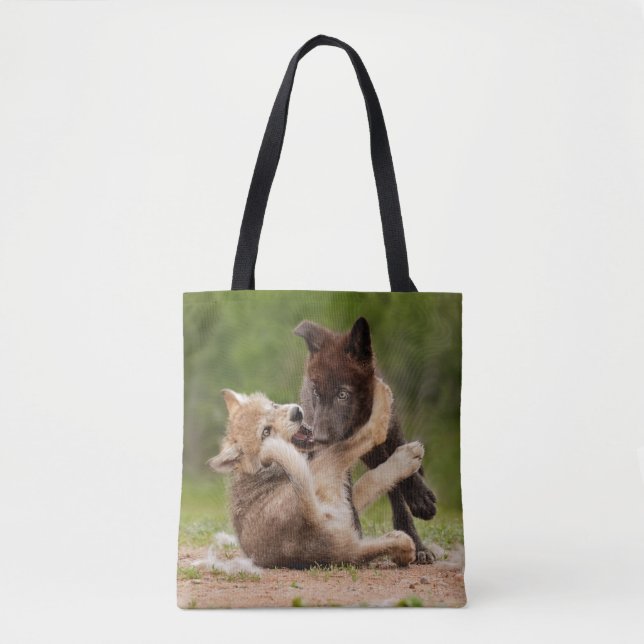 Gray Wolf Pups Wrestling Tote Bag (Front)