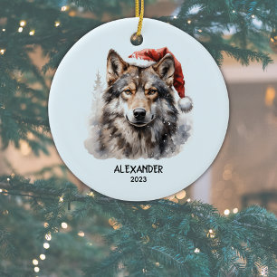 Gray Wolf Red White Santa Hat Personalized Ceramic Ornament