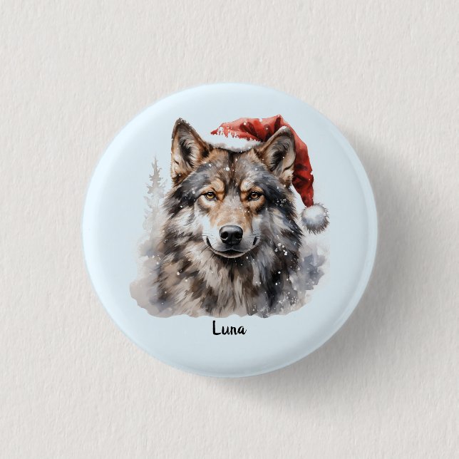 Gray Wolf Santa Hat Personalized Christmas Button (Front)