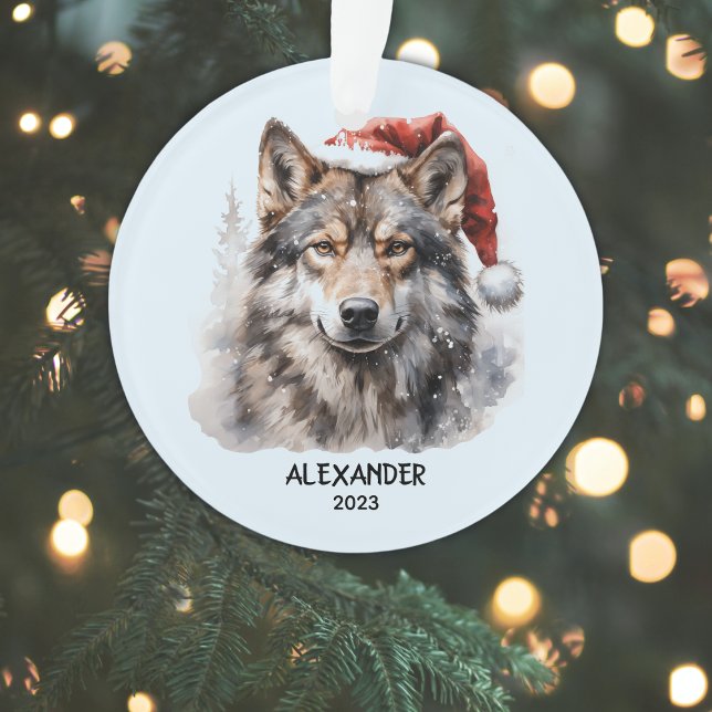Gray Wolf Santa Hat Personalized Christmas Ornament (Add Name & Year to Personalize, or add other text.  Delete sample text if not required.)