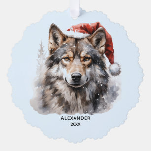Gray Wolf Santa Hat Personalized Christmas Ornament Card