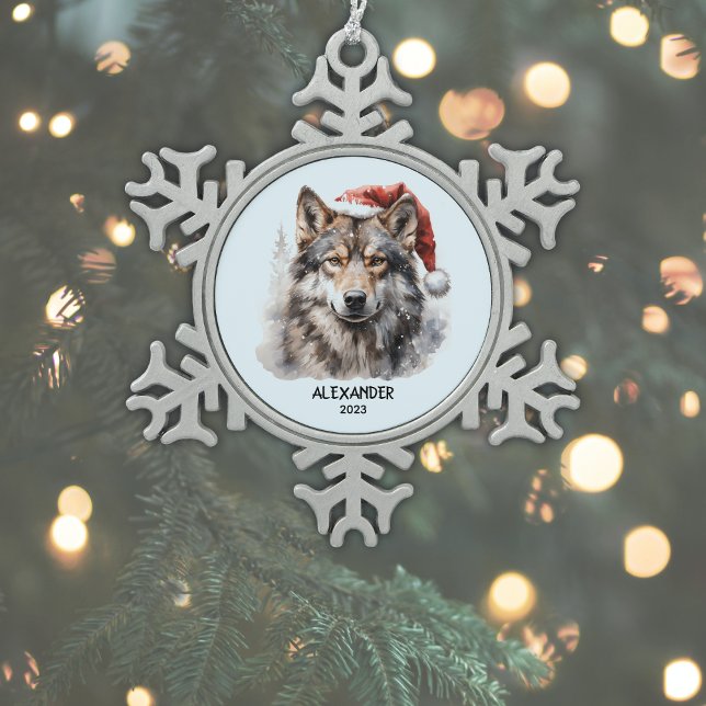 Gray Wolf Santa Hat Personalized Snowflake Pewter Christmas Ornament (Add Name & Year to personalize, or add other text, or delete if not required.)