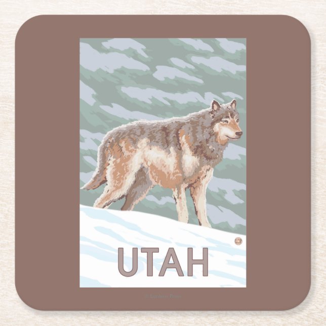 Gray Wolf StandingUtah Square Paper Coaster (Front)