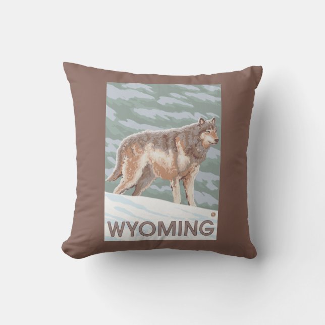 Gray Wolf StandingWyoming Throw Pillow (Front)