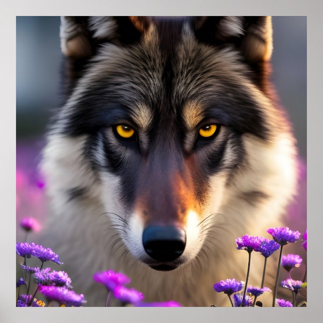 Gray wolf Stare - pink and purple flowers   Poster (Front)