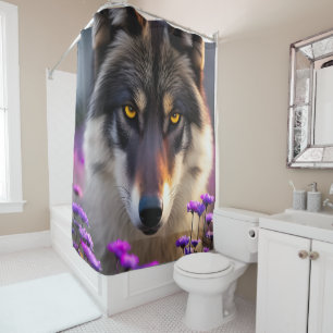 Gray wolf Stare - pink and purple flowers Shower Curtain