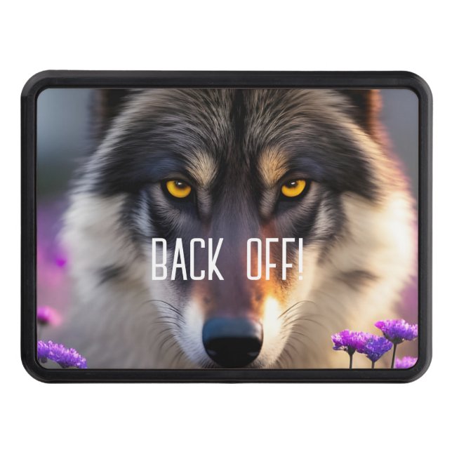 Gray wolf Stare - Purple flowers -back off Hitch Cover (Front)