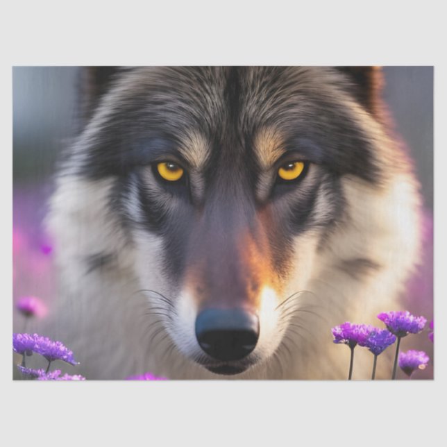 Gray wolf Stare - Purple flowers  Tissue Paper (Front)
