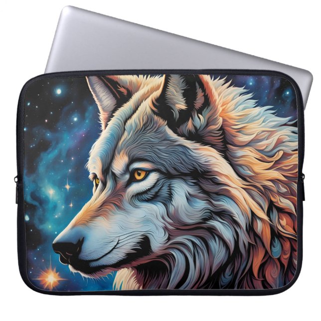 Gray Wolf Starry Night Portrait Laptop Sleeve (Front)