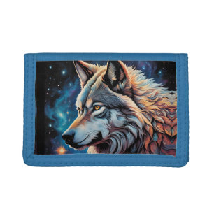 Gray Wolf Starry Night Portrait Tri-fold Wallet