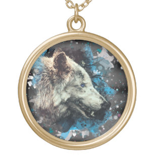 *~* Gray Wolf Totem Blue Boho Shaman Round Gold Plated Necklace