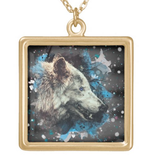  Gray Wolf Totem Blue Boho Shaman Square Gold Plated Necklace