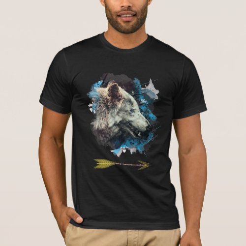   Gray Wolf Totem Blue Painting Boho T_Shirt