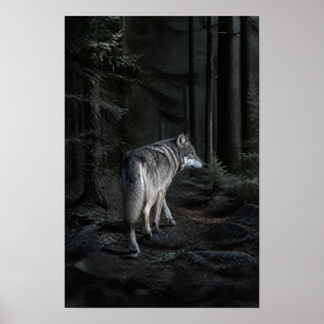 Gray Wolf Walking Through Dark Forest Wildlife Wal Poster (Front)