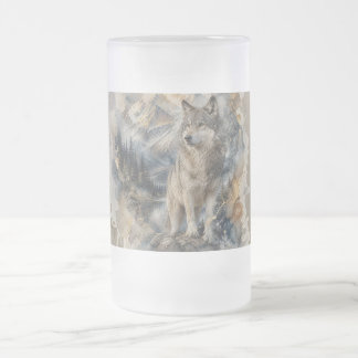 Gray Wolf Watercolor Mountains Wilderness Frosted Glass Beer Mug