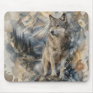 Gray Wolf Watercolor Mountains Wilderness Mouse Pad