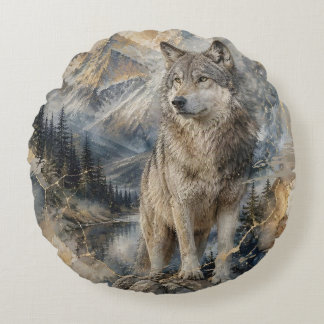 Gray Wolf Watercolor Mountains Wilderness Round Pillow