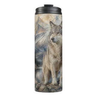 Gray Wolf Watercolor Mountains Wilderness Thermal Tumbler