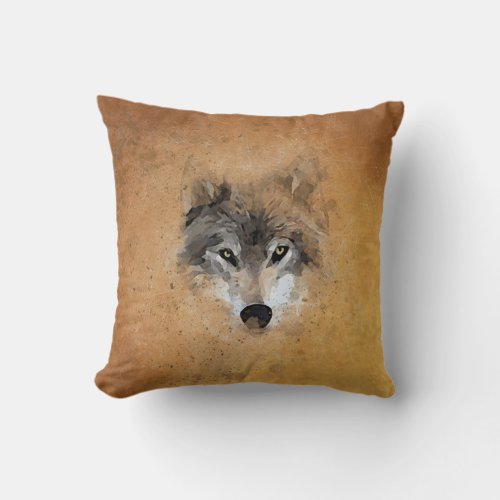 Gray Wolf Watercolor Vintage Throw Pillow
