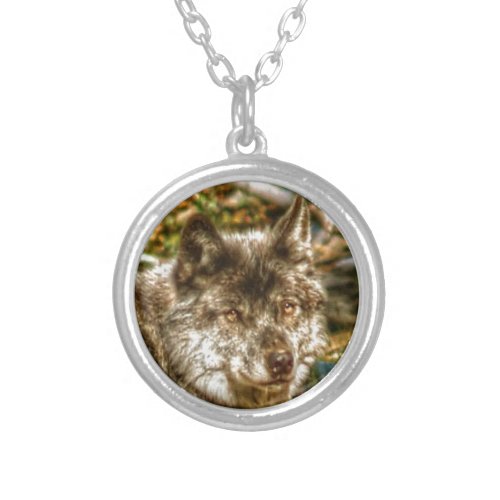 Gray Wolf Wildlife Portrait Silver Plated Necklace