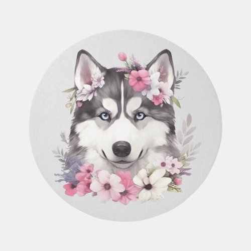 Gray Wolf with pastel flowers on a round rug