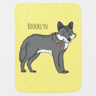 Gray wolf with pipe cartoon illustration baby blanket