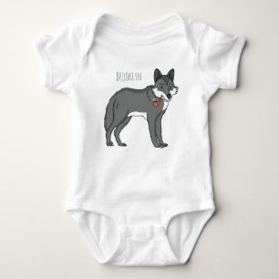Gray wolf with pipe cartoon illustration baby bodysuit