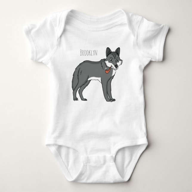 Gray wolf with pipe cartoon illustration baby bodysuit (Front)