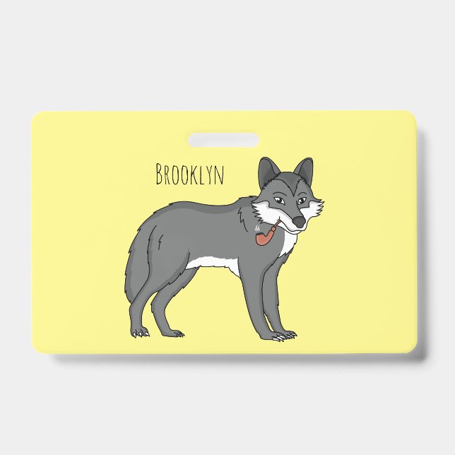 Gray wolf with pipe cartoon illustration badge (Front)