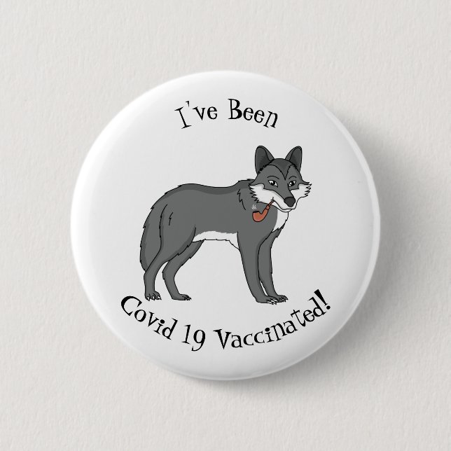 Gray wolf with pipe cartoon illustration button (Front)