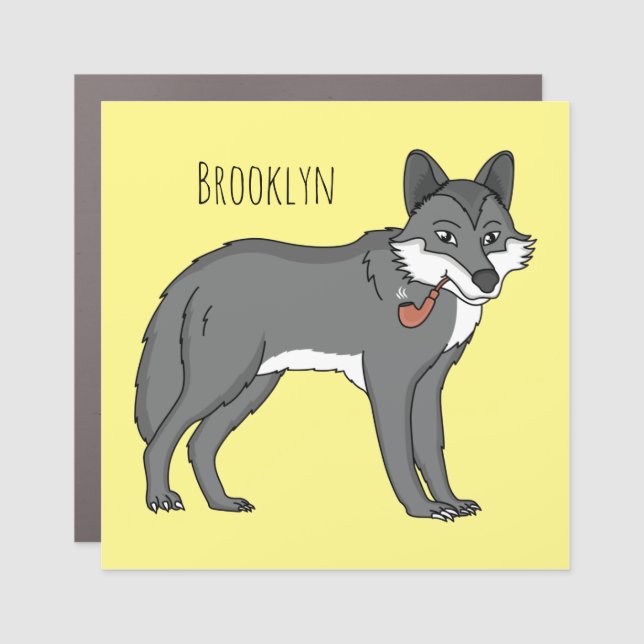 Gray wolf with pipe cartoon illustration car magnet (Front)