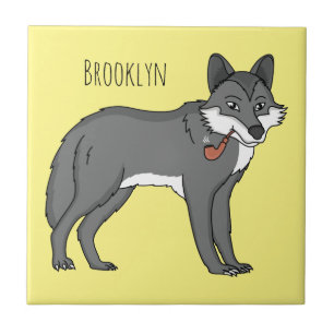 Gray wolf with pipe cartoon illustration ceramic tile