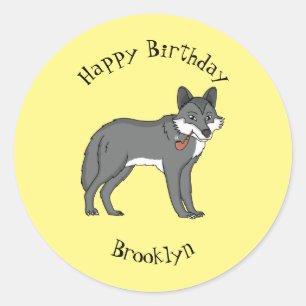 Gray wolf with pipe cartoon illustration classic round sticker