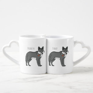 Gray wolf with pipe cartoon illustration coffee mug set