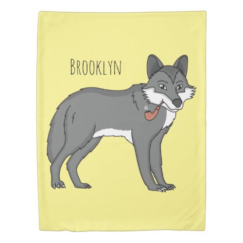 Gray wolf with pipe cartoon illustration duvet cover