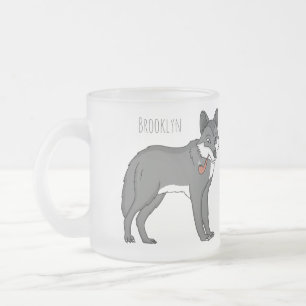 Gray wolf with pipe cartoon illustration frosted glass coffee mug