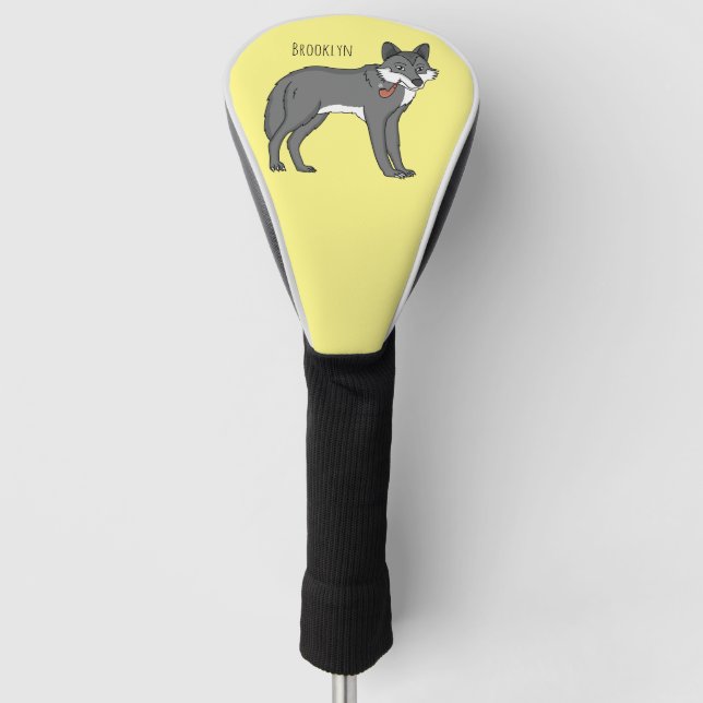 Gray wolf with pipe cartoon illustration golf head cover (Front)