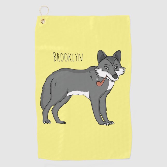 Gray wolf with pipe cartoon illustration golf towel (Front)