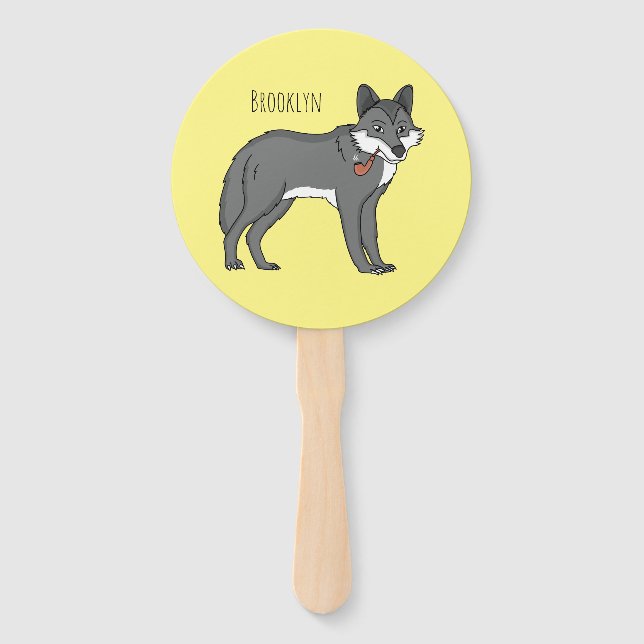 Gray wolf with pipe cartoon illustration  hand fan (Front)