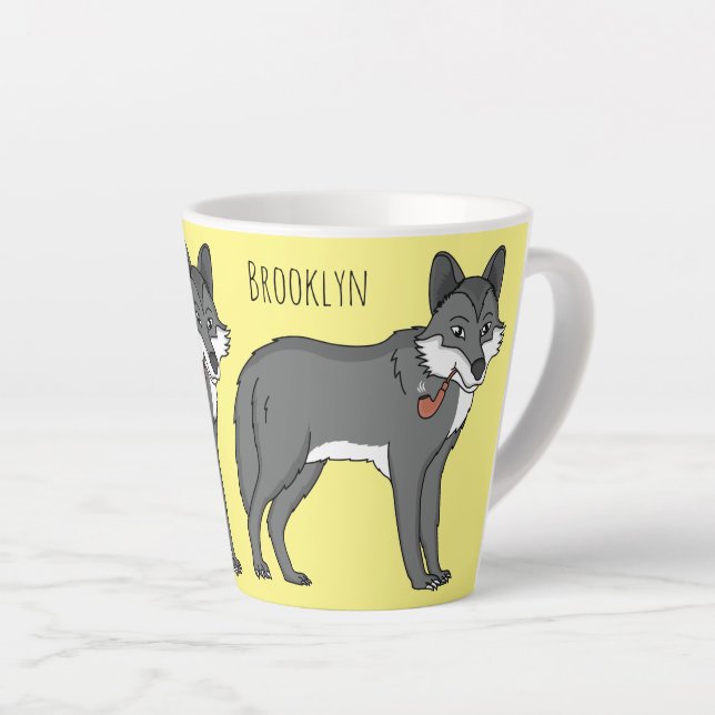 Gray wolf with pipe cartoon illustration latte mug (Right Angle)