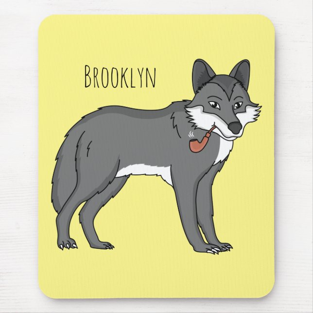 Gray wolf with pipe cartoon illustration mouse pad (Front)
