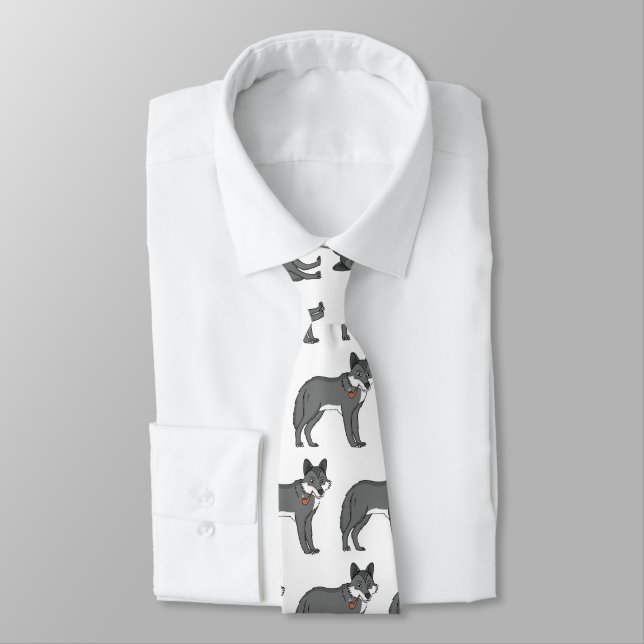 Gray wolf with pipe cartoon illustration neck tie (Tied)