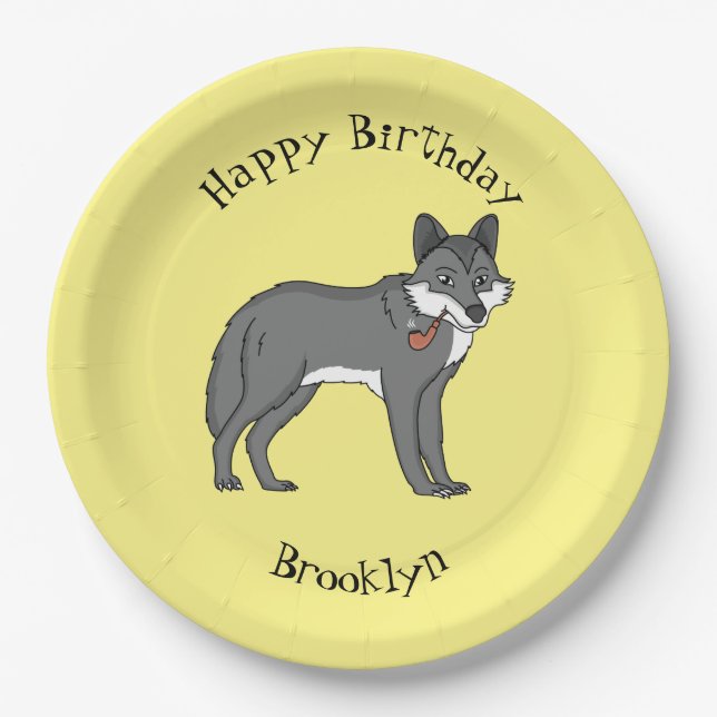 Gray wolf with pipe cartoon illustration paper plates (Front)
