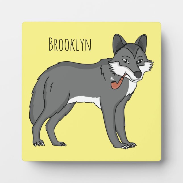 Gray wolf with pipe cartoon illustration plaque (Front)