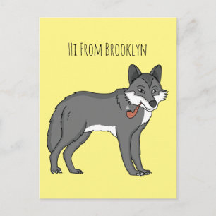 Gray wolf with pipe cartoon illustration postcard
