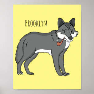 Gray wolf with pipe cartoon illustration poster