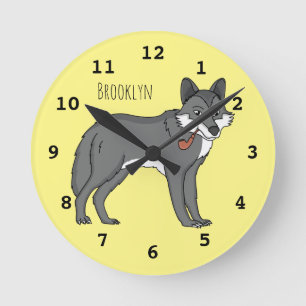 Gray wolf with pipe cartoon illustration round clock