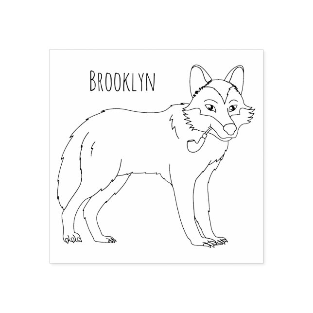 Gray wolf with pipe cartoon illustration rubber stamp (Imprint)