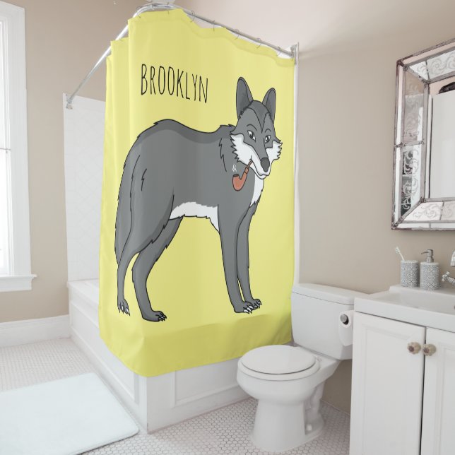 Gray wolf with pipe cartoon illustration shower curtain (In Situ)