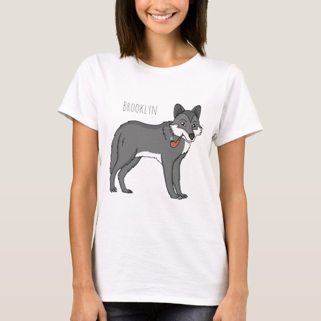 Gray wolf with pipe cartoon illustration T-Shirt (Front)